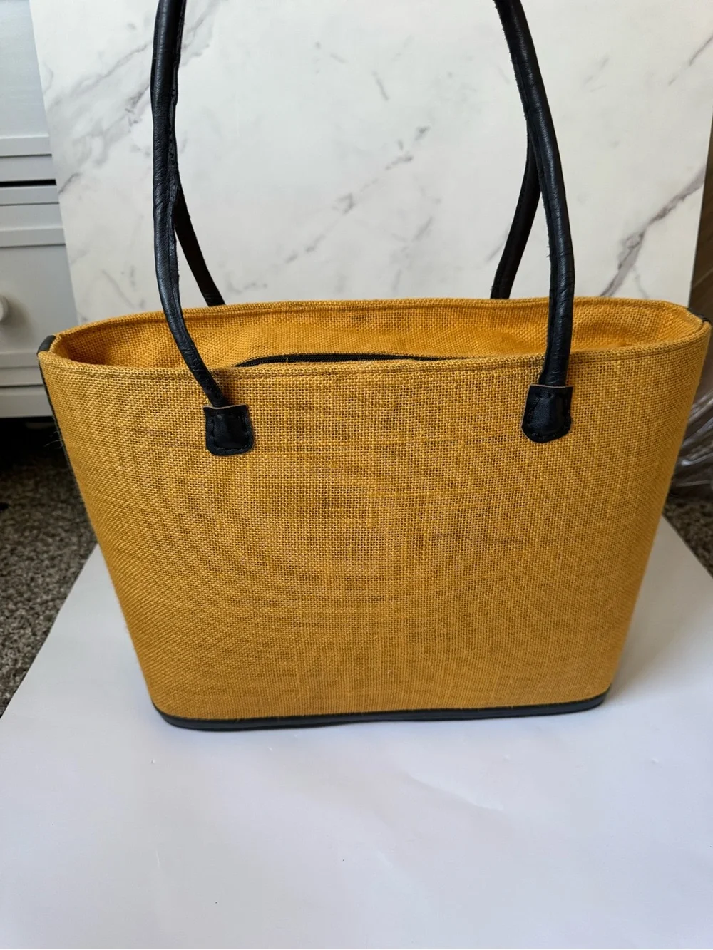 Mustard Straw Tote with Beaded Medallion and Black Handles